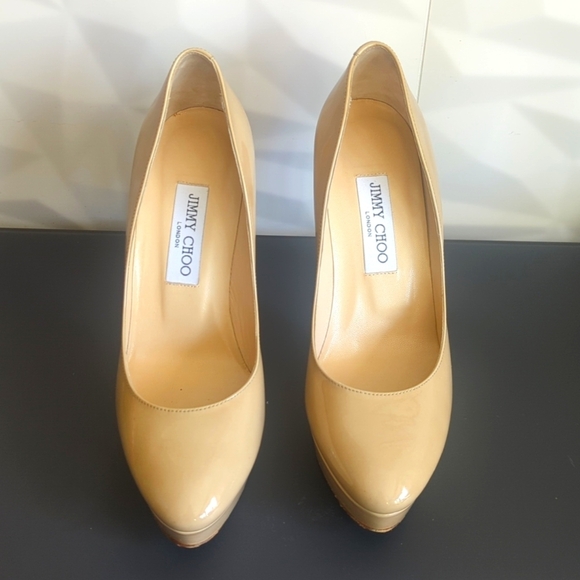 Jimmy Choo Alex Platform in Glossy Nude Beige Patent Leather Pump Heel 38.5 EU - Picture 1 of 8
